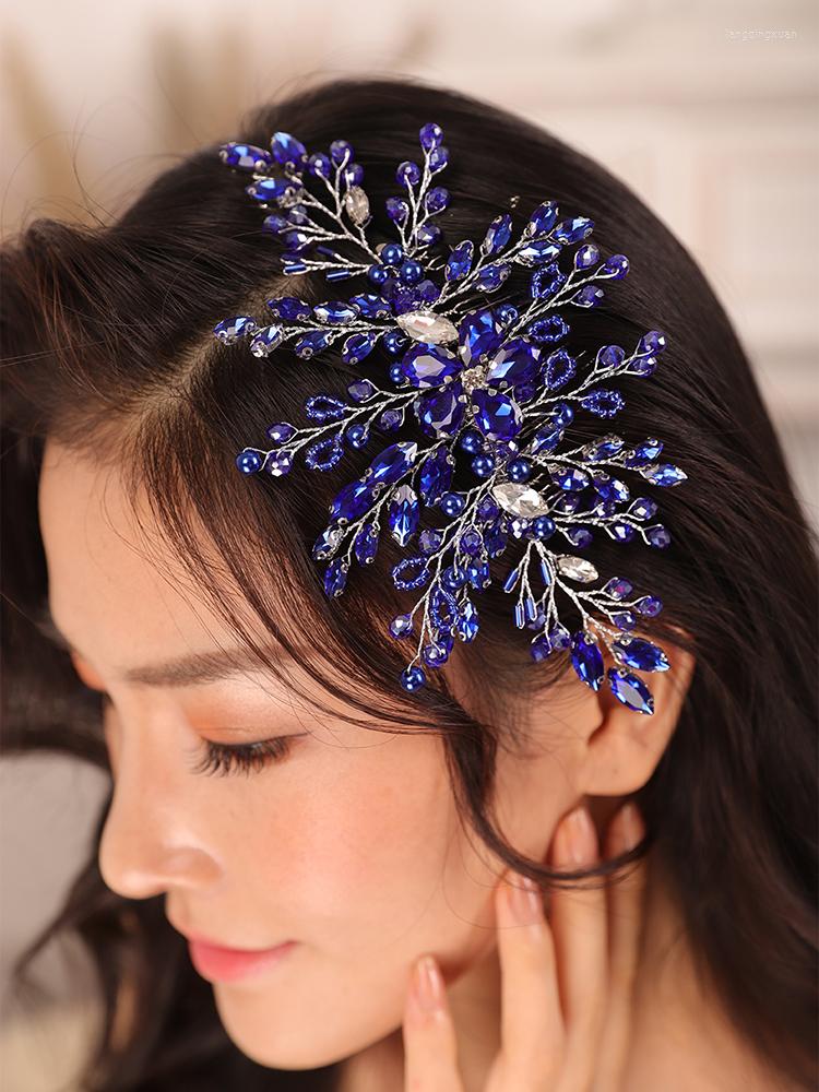 

Headpieces Bohe Blue Rhinestone Crystal Wedding Accessories Hair Comb Bride To Be Headdress Hat Female Women Bridal Headwear