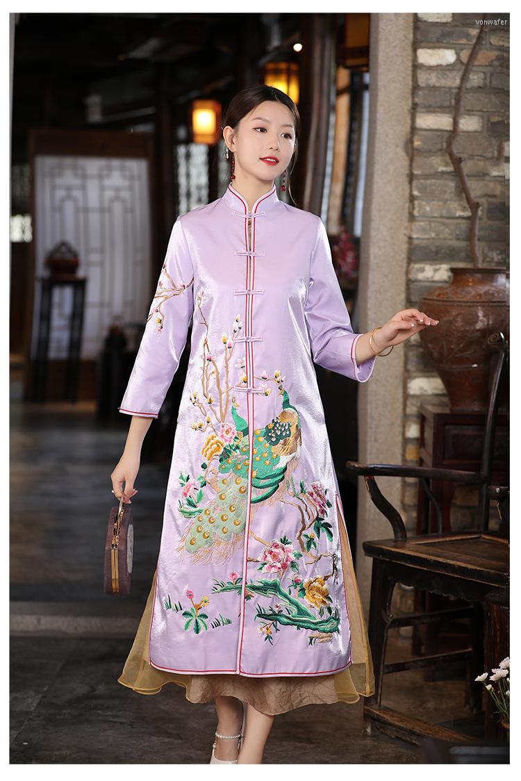 

Women' Trench Coats Autumn Traditional Chinese Phoenix Embroidered Long Section Big Size Improved Cheongsam Style Windbreaker Jacket For, Navy