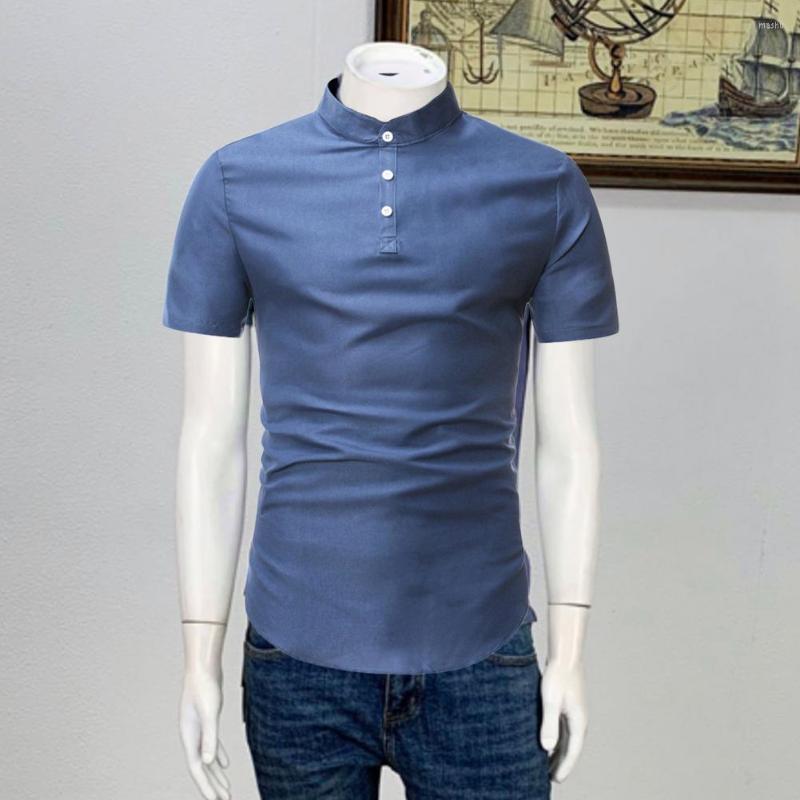 

Men's Casual Shirts Formal Buttons Stand Collar Short Sleeves Summer Tops Young Style Solid Color Men Shirt Anti-pilling Close-fitting 2022, Black