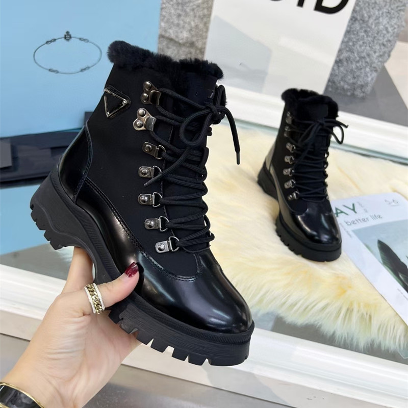 

Fashion Designer Lace Up Ankle Boots Motorcycle Ladies Black Leather Fleece Lining Autumn Winter Quality Casual Work Thick Mid Tube Women's Shoes Factory, As pic