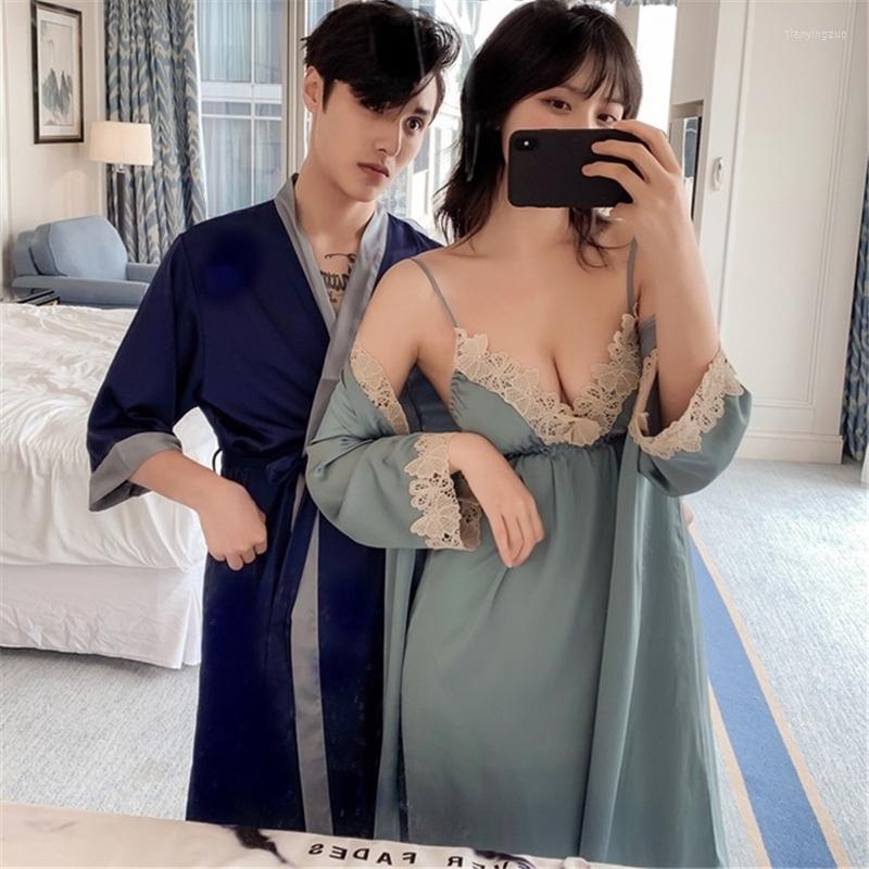 

Women's Sleepwear Pajamas Couple Suit With Chest Pad Suspenders Robe Feminino Two-piece Women's Wedding Honeymoon Dressing Gown 2022, Men gray