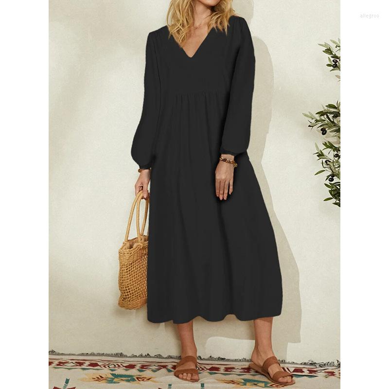

Casual Dresses Women Long Lantern Sleeve Loose Cotton Linen Dress Solid Elegant V-Neck Outdoor Ladies For Summer Spring, Black