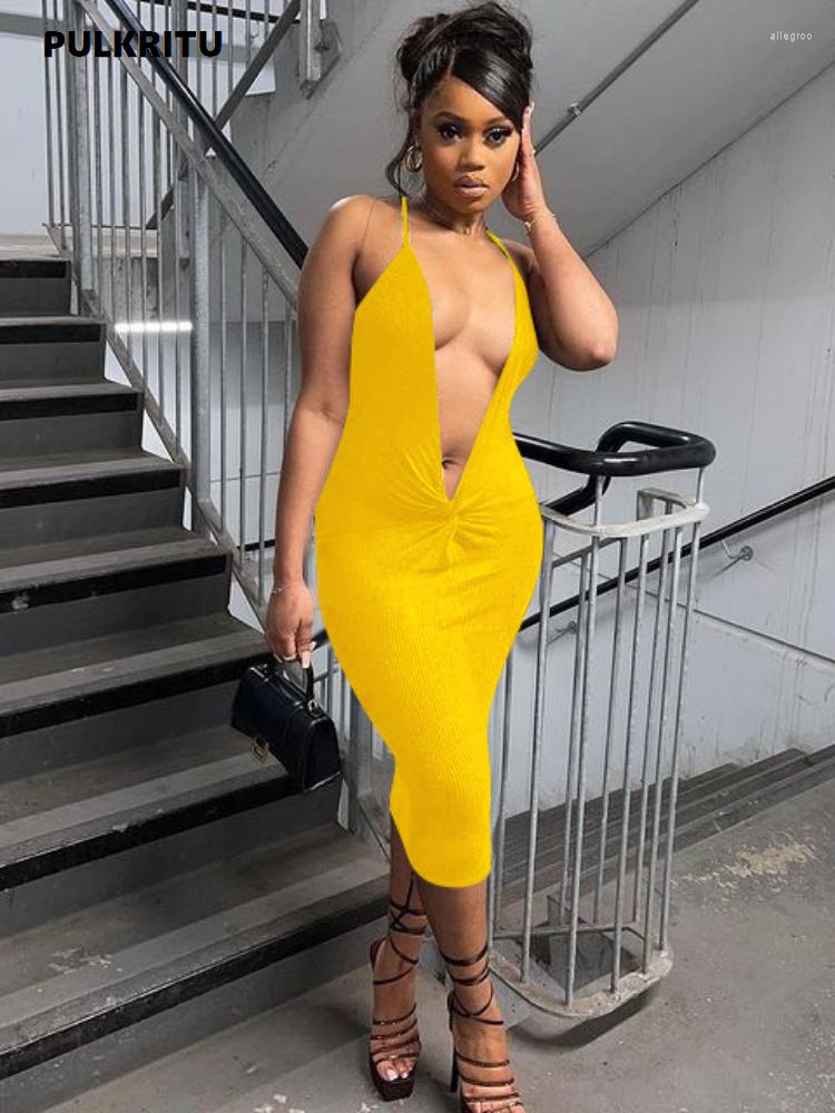 

Casual Dresses Pulkritu Halter Women Dress Sleeveless Fashion Solid Sexy Deep V-neck Bodycon Clubwear Midnight, Yellow