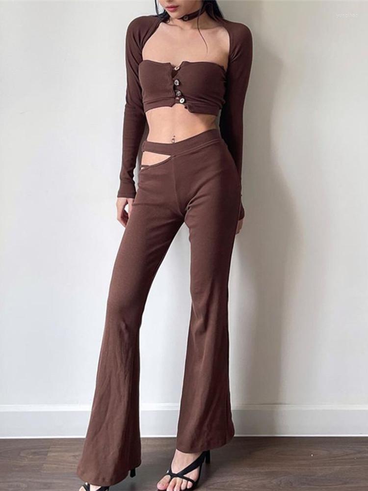 

Women' Two Piece Pants Hollow Out Sexy 2 Pieces Set Outfits For Women Fashion Long Sleeve High Waist Party Clothing Slim Body Suits, Brown 2 pieces set
