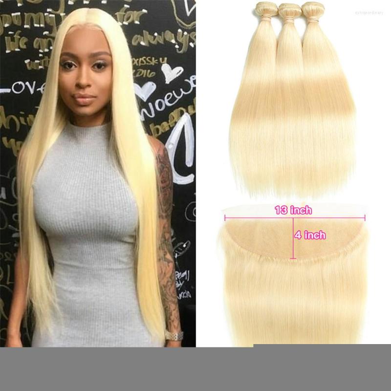 

Human Hair Bulks 613 Bundles With Frontal Brazilian Straight 3/4 Closure 40 Inches Remy Blonde