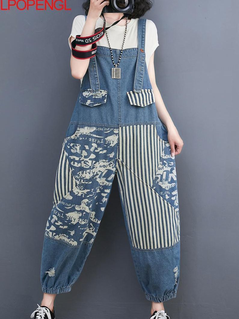 

Women's Jeans Denim Overalls European Summer Print Stitching Loose Casual Fashion Personality Jumpsuits Sleeveless Rompers Trend 221011, Blue