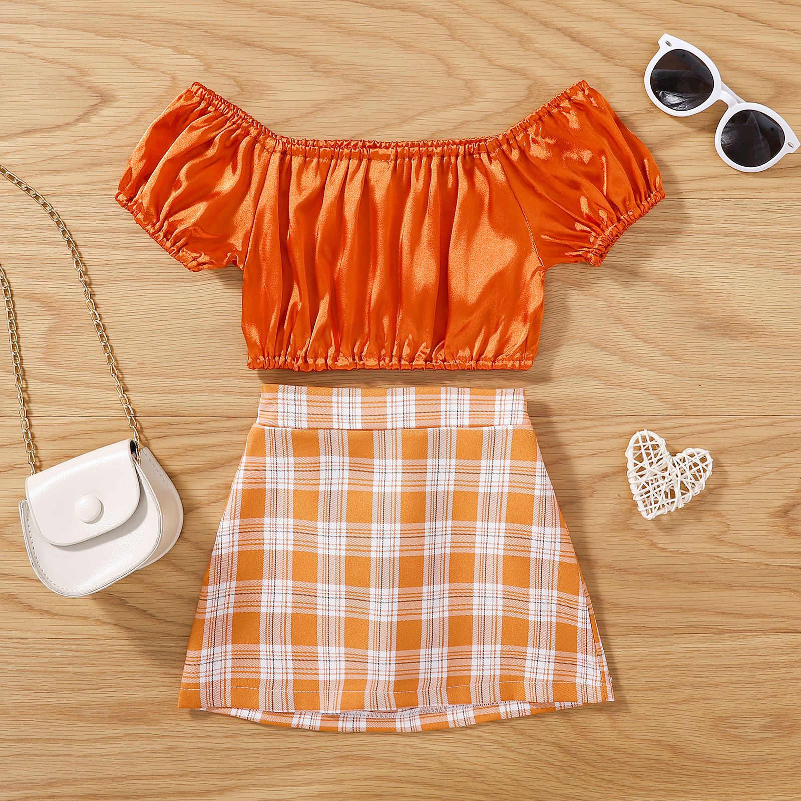 

Kids Baby Girl Clothing set Fashion orange off shoulder Tops with plaid Skirt Two Piece Suit, As picture