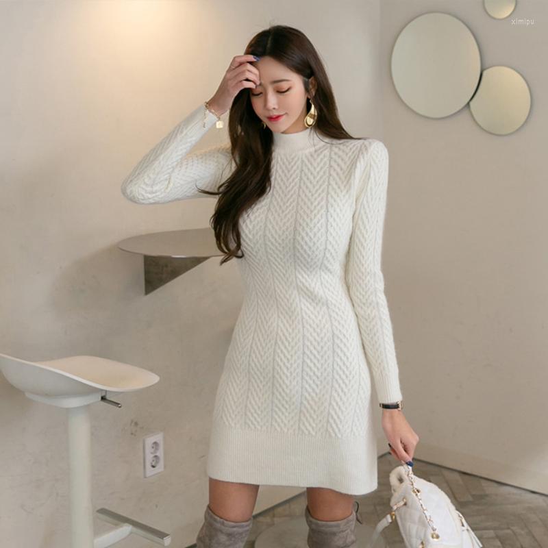 

Casual Dresses 2022 French Self-cultivation Bag Hip High Collar Long-sleeved Women' Bottom Sweater Knit Dress, Green