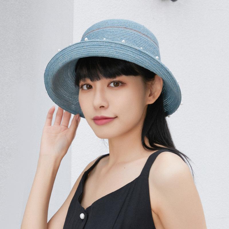 

Wide Brim Hats Luxury Design Straw Hat Women Pearl Decoration Elegant Bucket Cap Summer Floppy Panama British Style Outdoor Travel Sun HatsW, Lake blue