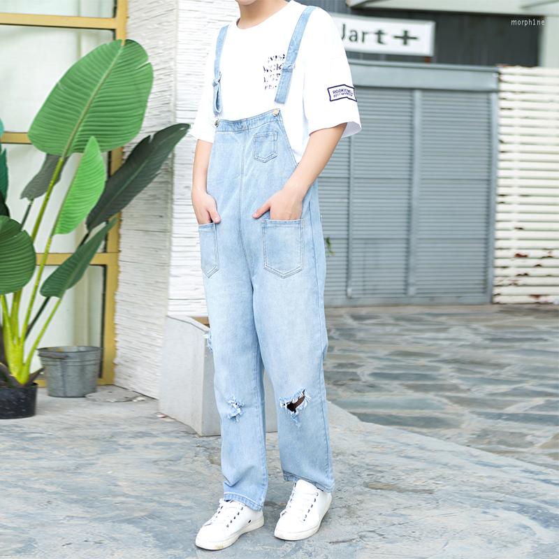 

Men's Pants Summer Tide Men's Big Hole Denim Strap Bib Jumpsuit Loose Couple Korean Version Of The Sling, Blue