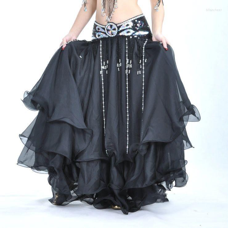 

Stage Wear High Quality Women Sexy Belly Dance Costume Skirts 3 Rows Dancing Skirt Chiffon For Sale 12 Colors Available, Black