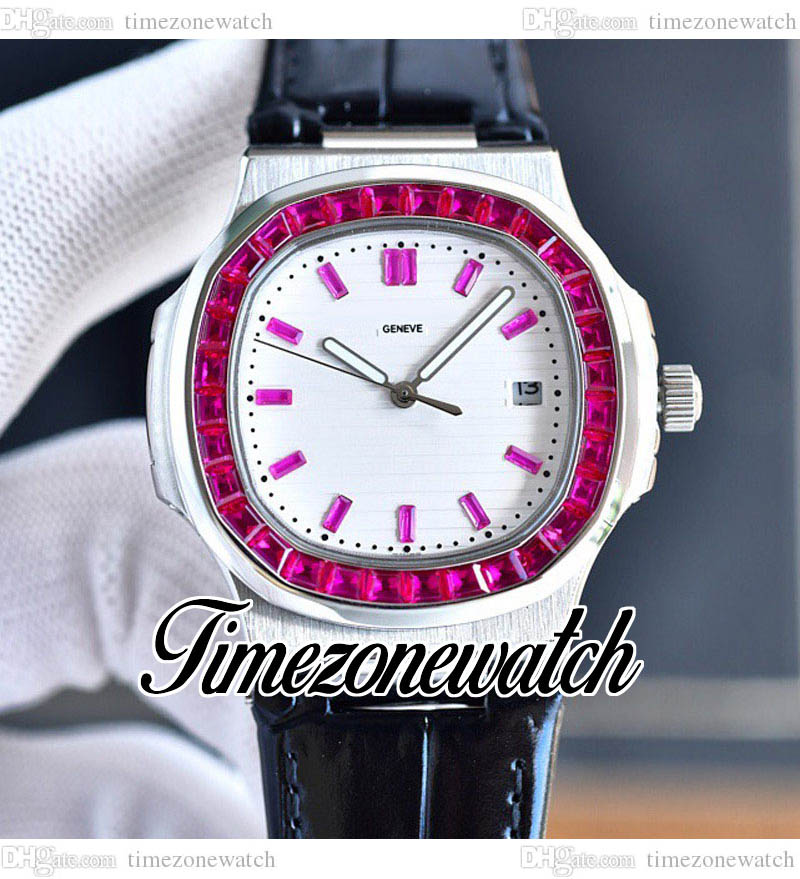 

40mm Nautilus 5711 Automatic Mens Watch White Texture Dial Steel Case Rose Rectangle Red Gems Diamond Bezel Leather Strap Watches Timezonewatch E234B6, E234b (4)
