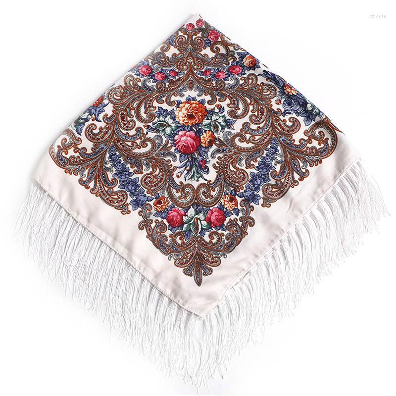 

Scarves 90 90cm Russian National Scarf For Women Flower Cotton Print Shawl Bandana Handkerchief Lady Fringed Foulard Hijab