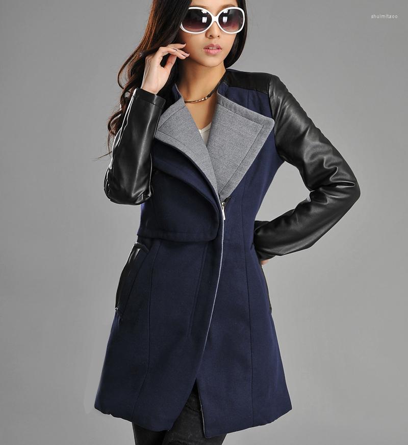 

Women's Leather Plus Size Wholesale 2022 Fashion Patchwork Womens Long Warm Wool PU Sleeve Jacket Coat Windbreaker, Black coats