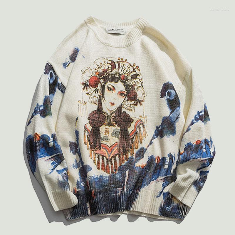 

Men's Sweaters Men's Winter Knitted Jumper Streetwear Fashion Vintage Chinese Style Opera Graphic Print Casual Pullover Unisex Clothes, Gray