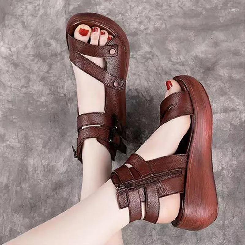 

Sandals 2022 Fish Mouth High Quality Soft PU Leather And Cowhide Summer Roman Shoes Women Platform Heighten Shoe Wedges, Auburn