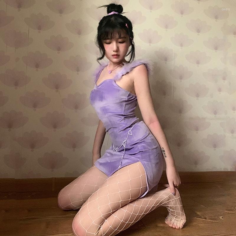 

Casual Dresses 2022 Spring Chinese Style Sexy Dress Velvet Spaghetti Strap Bodycon Purple Backless Clubwear Mini Satin Skirt A-line