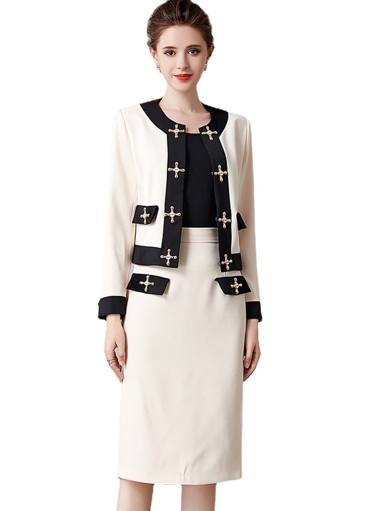 

Two Piece Dress Woman Autumn Fashion Runway Set Womens Outfits Office Work Wear Elegant Color Block Jacket and Skirt Suits Beige 221010
