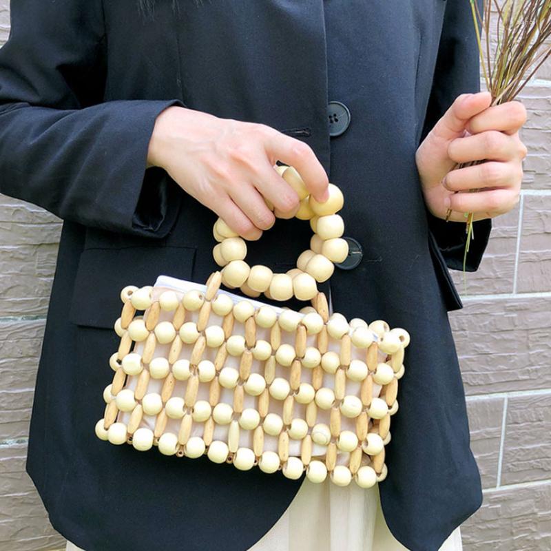 

Evening Bags Vintage Wooden Beaded Shoulder Handbag Fashion High Quality Women Bag Woven Bead Beach Small Square, Black