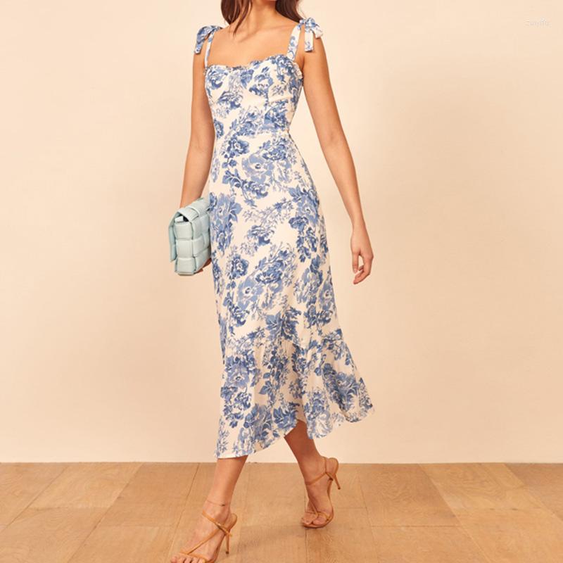 

Casual Dresses Summer Dress Women Vintage Sleeveless Chiffon Lace Up Ruffle Maxi White Party Vestidos Back Elastic