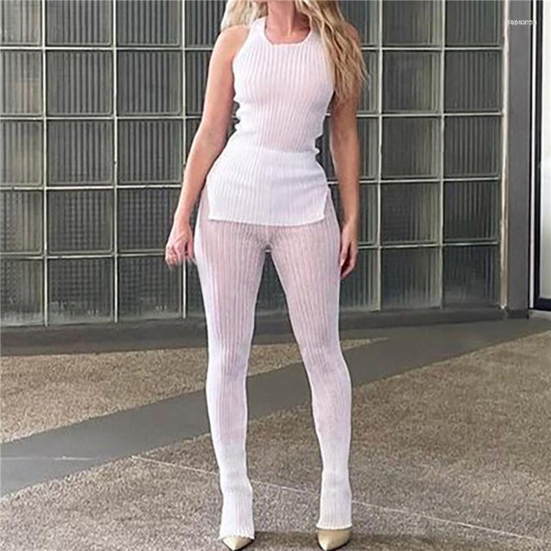 

Women's Two Piece Pants Women's Solid Knitted Set Women See Through Skinny Casual Top Pant Matching Outfits Active Sexy Streetwear, White