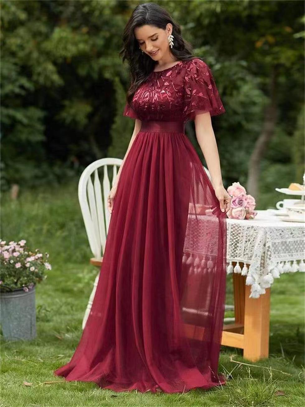 

2022 Festival European and American Cross border Elastic Waist Splice Round Neck Party Big A Mesh Evening Dress Women TW00014, Light sky blue