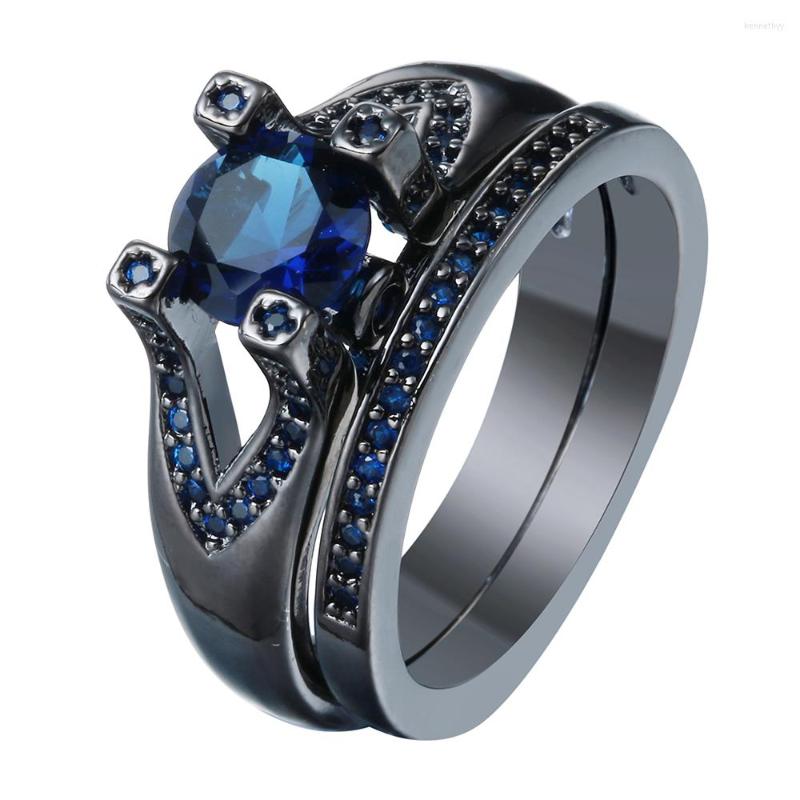 

Wedding Rings Luxury Black Gun Promise Sets For Women Jewelry Gift Princess Royal Blue Red Zircon Engagement