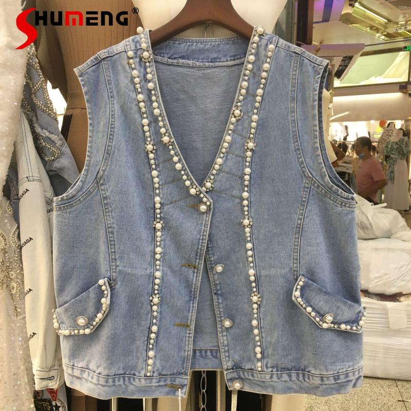 

Women's Vests European Style Beaded Light Blue Denim Vest Women 2022 Spring Loose Sleeveless V-neck Pearls Jean Woman Streetwear