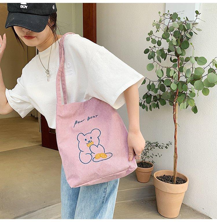 

Evening Bags Women Cute Cartoon Bear Corduroy Bag Lovely Soft Canvas Shoulder Female Embroidery Handbag Eco Cotton Large Shopper 2022, Beige