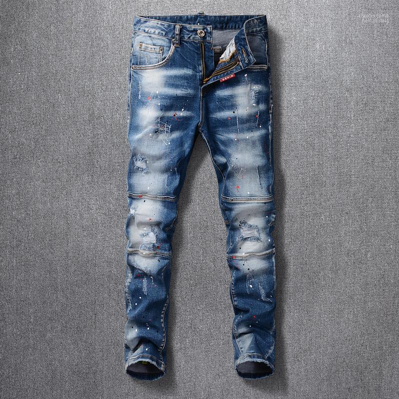 

Men's Jeans Men's Italian Style Fashion Men Retro Blue White Wash Elastic Slim Fit Ripped Denim Trousers Spliced Designer Hip Hop Long