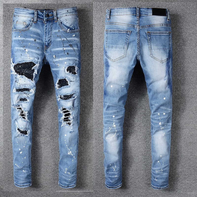 

Mens Jeans Skinny Fits Denim Blue Pant for Man Biker Slim Ripped Distressed Regular Moto Fit Street Black Rivet Patches Trendy Long Straight, 563
