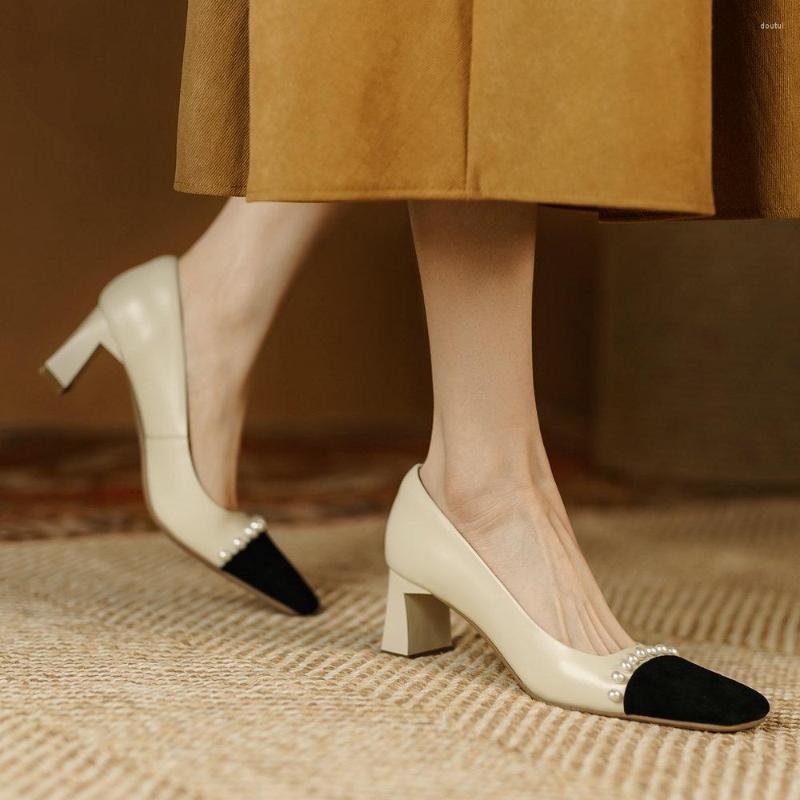 

Dress Shoes EshtonShero Women Pumps Slip On Fashion Casual Square Toe Office Platform String Bead Spring White Ladies Feetwear, Beige
