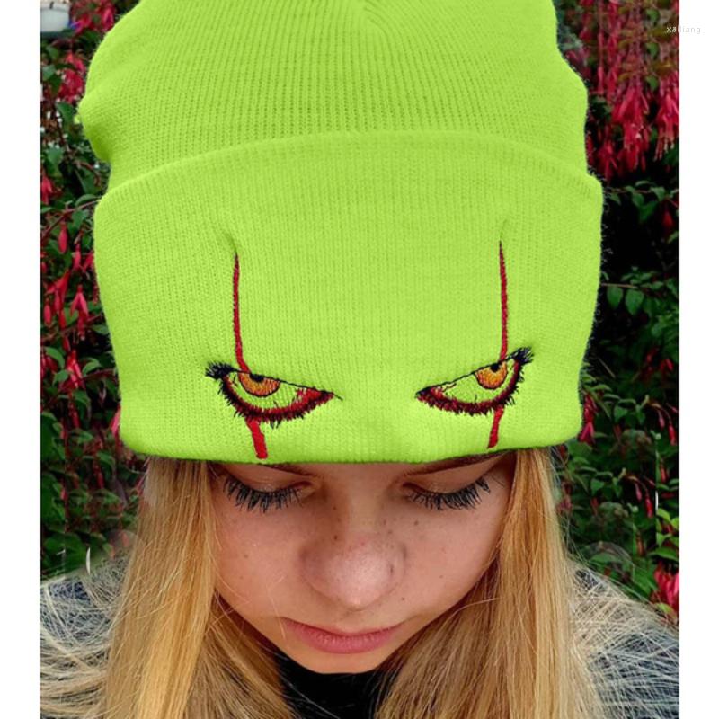 

Berets Unisex Knitted Hat Winter Warm Beanie Clown Pennywise Scary Eyes Men Embroidery Hedging Wool Knit Women Cycling Skiing Cap, Blue