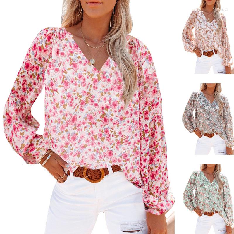 

Women' Blouses Loose T-shirts Women Long Sleeve V-neck Blouse Tops Woman Pullovers Female Fashion Sexy Flowers Chiffon Cloth Undershit