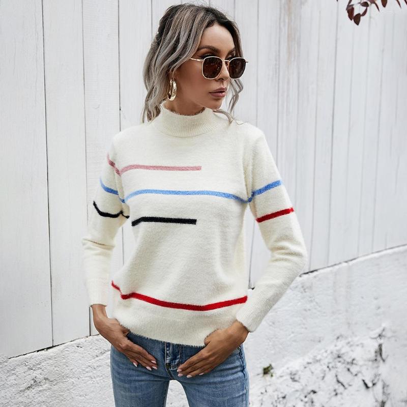 

Women' Sweaters Knitwear 2022 Pullover Striped Turtleneck Sweater Mujer Long Sleeve Knitted Top Thick Thermal Women Jersey Loose Waist, White