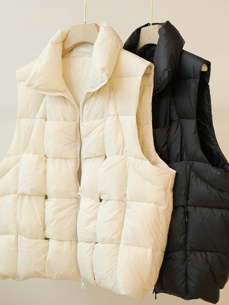 

Women' Vests Ailegogo Autumn Winter Women Stand Collar Warm White Duck Down Vest Casual Female Loose Sleeveless Waistcoat Tops, Beige