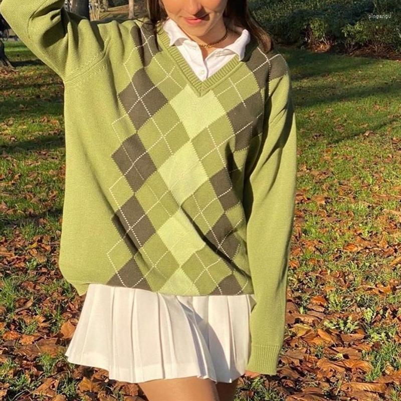 

Women' Sweaters Preppy Style Argyle Plaid Pullover 90s Vintage Oversized Knitted Sweater Y2K Grunge Autumn Long Sleeve Women Jumper, Green