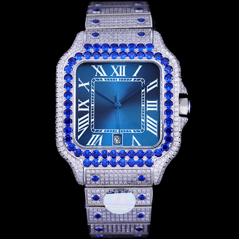 

3 Types Silver CZ Diamonds Watch Men Luxury watches Blue bezel dial MISSFOX Square Automatic ETA8215 movement Full Iced Out Crystal Zircon wristwatch with box, 01