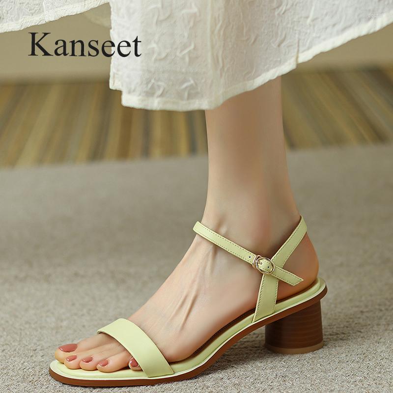 

Dress Shoes Kanseet Summer Women's Sandals Concise Open-Toed Cow Leather Buckle Strap Casual Mid Heels Lady Footwear Yellow, Brown sandals