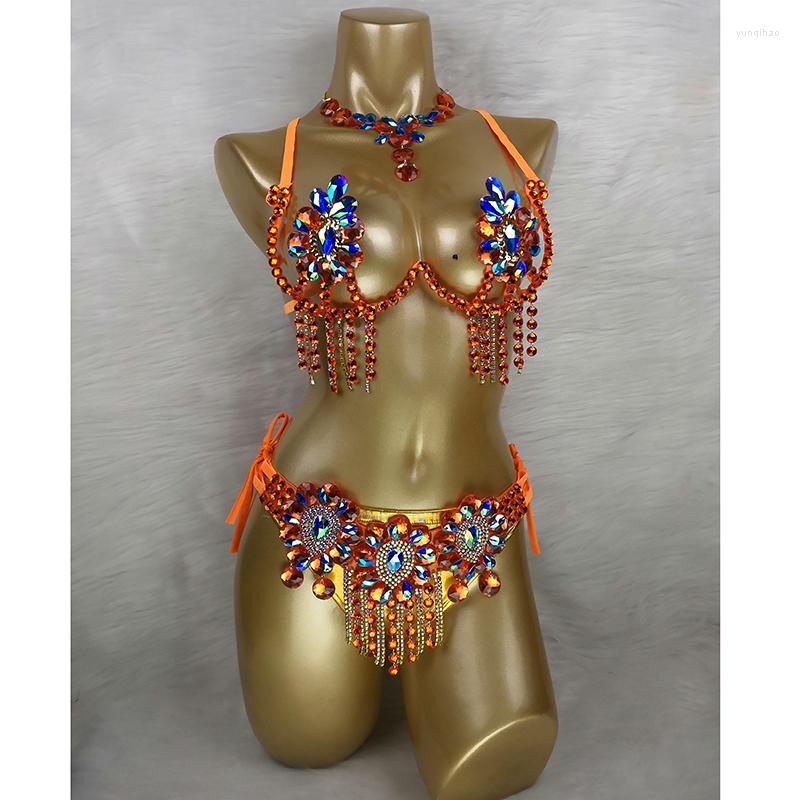 

Stage Wear Arrival Sexy Samba Carnival For Women Wire Bra & Belt Stones Suit C021, Orange