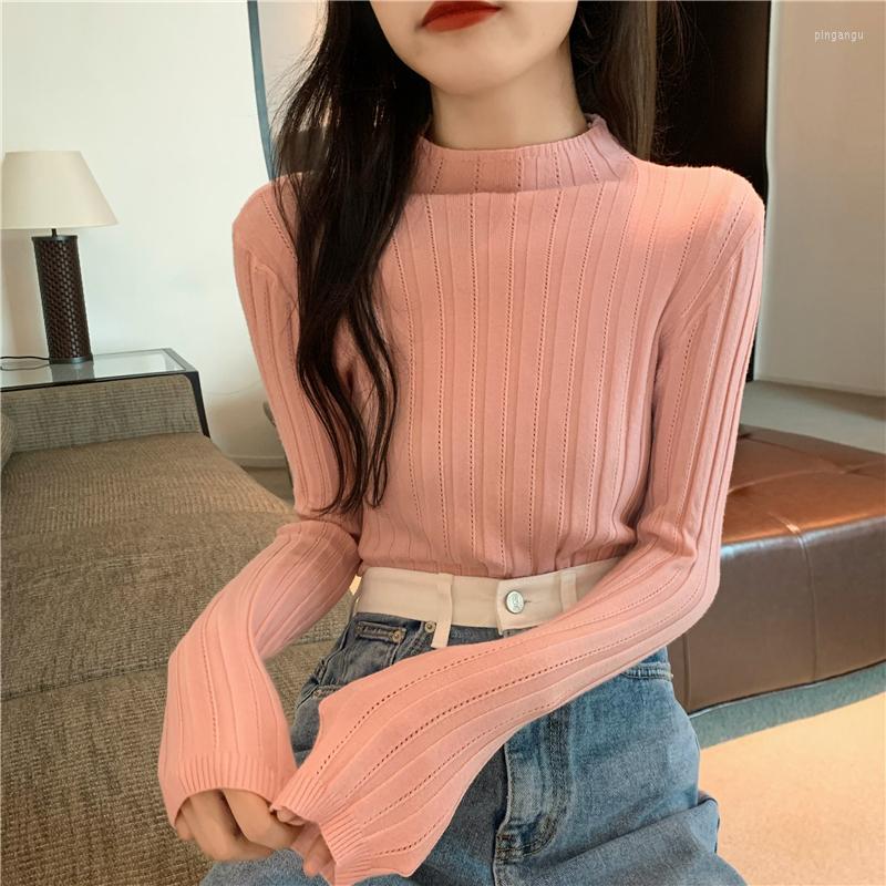 

Women's Sweaters Knitwear Women Early Autumn 2022 Vintage Half High Neck Pullovers Elegant Long Sleeve Strip Slim Bottomed Knit Shirt Tops, Black