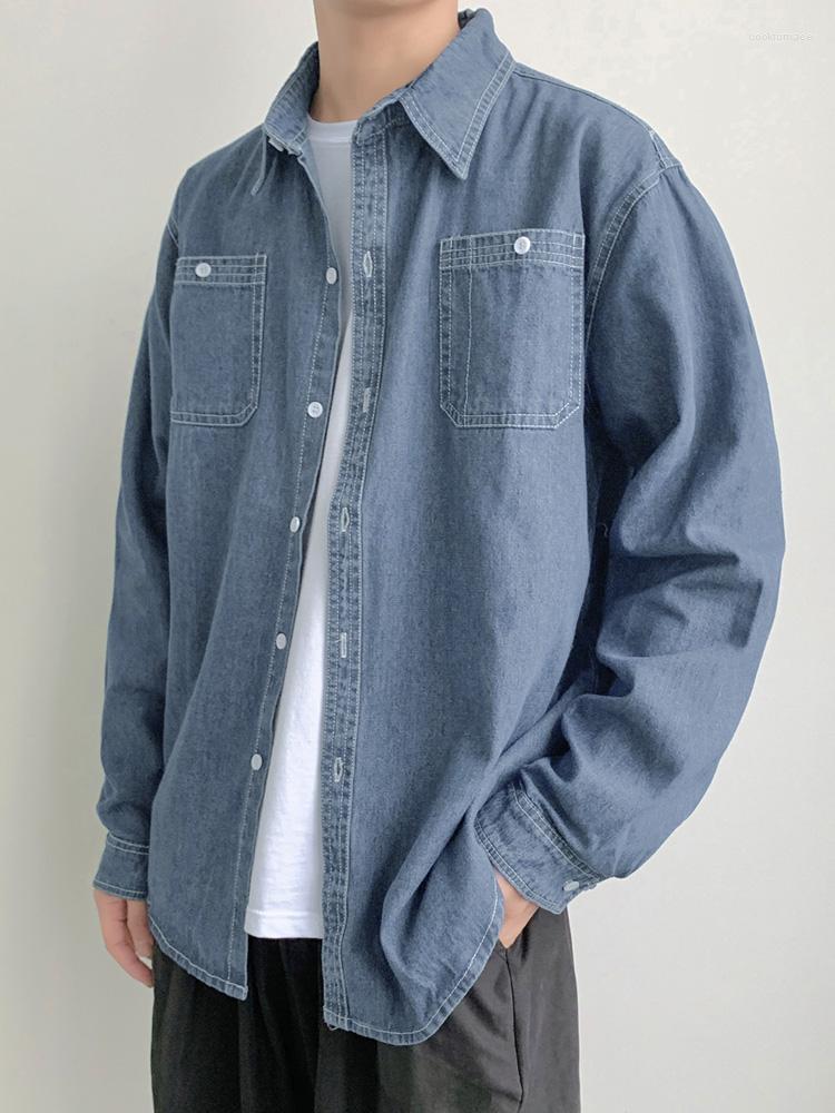 

Men's Casual Shirts 2022 Spring Button Pockets Men's Blue Denim Shirt Husband Fashion Long Sleeve Solid Cotton Slim For Men, Dark blue a