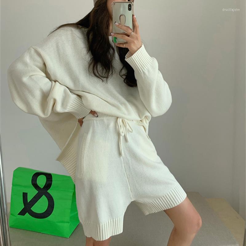 

Women's Tracksuits Women Elegant Knitted Two Piece Sets Fashion Long Sleeve O-Neck Sweaters & High Waist Shorts Suits Casual Pocket, Blue set