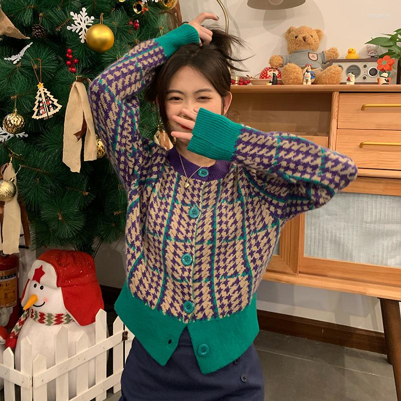 

Women's Sweaters O Neck Women Button Green Houndstooth Cardigan 2022 Long Sleeve Sweater Autumn Winter Knitted Loose Fashion Jumper Tops