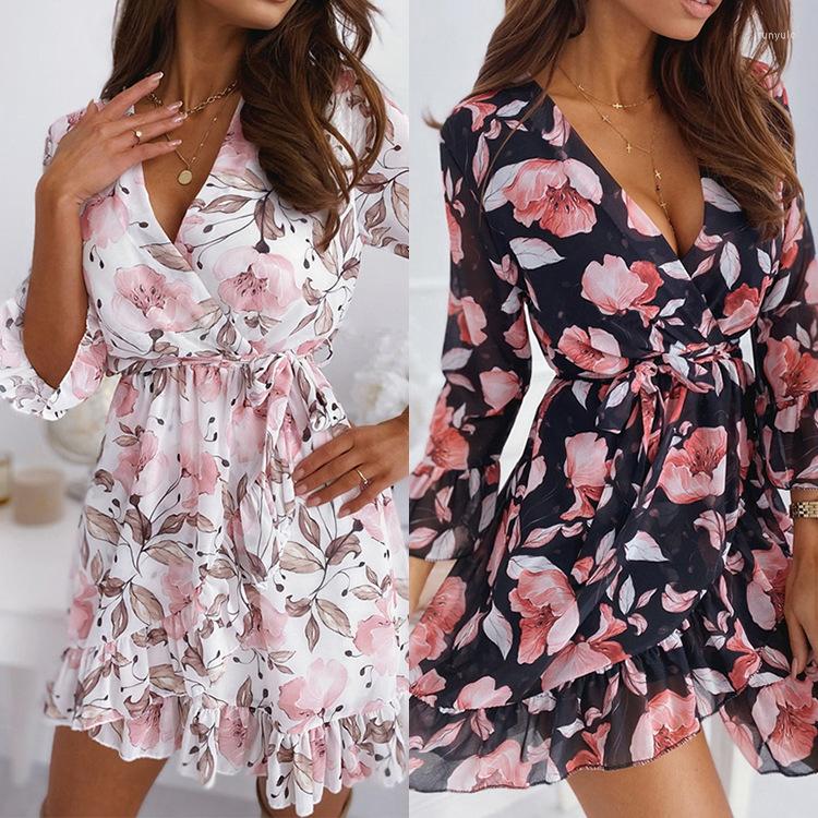 

Party Dresses Women Dress Sexy V-Neck Print Lace-Up Casual Ruffle Split Jumper Fashion Elegant A Line Skirt Summer, Black