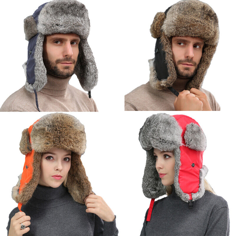 

Trapper Hats Real Rabbit Fur Warm Ushanka Russian Hunting Caps Unisex, Customize