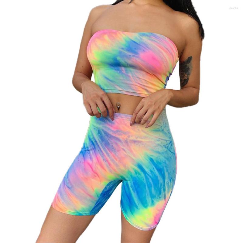

Women' Tracksuits Women' Summer Sexy Fashion Sleeveless Set Two Pieces Tie-dye Printed Tube Top Shorts Outfits Casual Strapless Sports, As picture shows