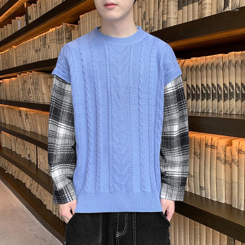 

Men's Sweaters Autumn And Winter Men's Fake Two-piece Round Neck Knitted Sweater Youth Loose Casual Plaid Stitching Long-sleeved Fashion, Black