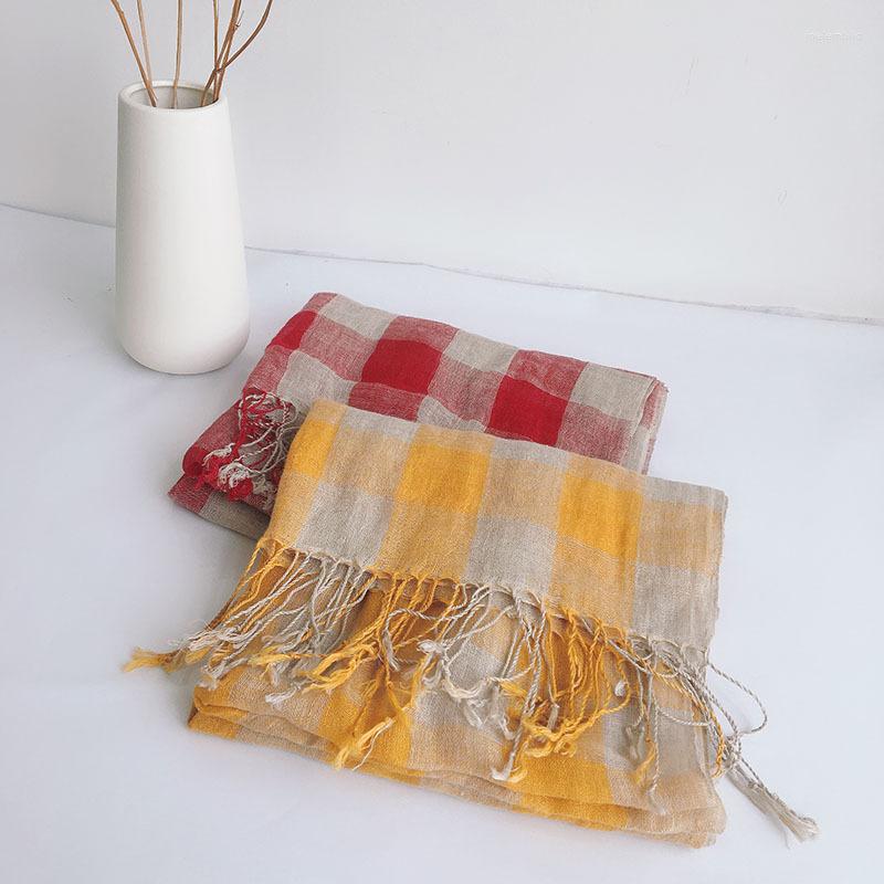 

Scarves 2022 Yellow Plaid Linen Women's Scarf Thin Fashion Dual-purpose Shawl Japanese Sunscreen Silk With