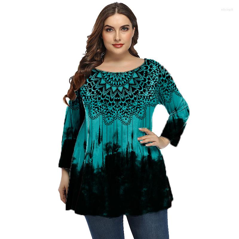 

Shirt Plus Size Round Neck Printed 3/4 Sleeve T Casual Loose Peplum Tops Roupa Feminino Big Women Clothing Sizes 5XL, Blue